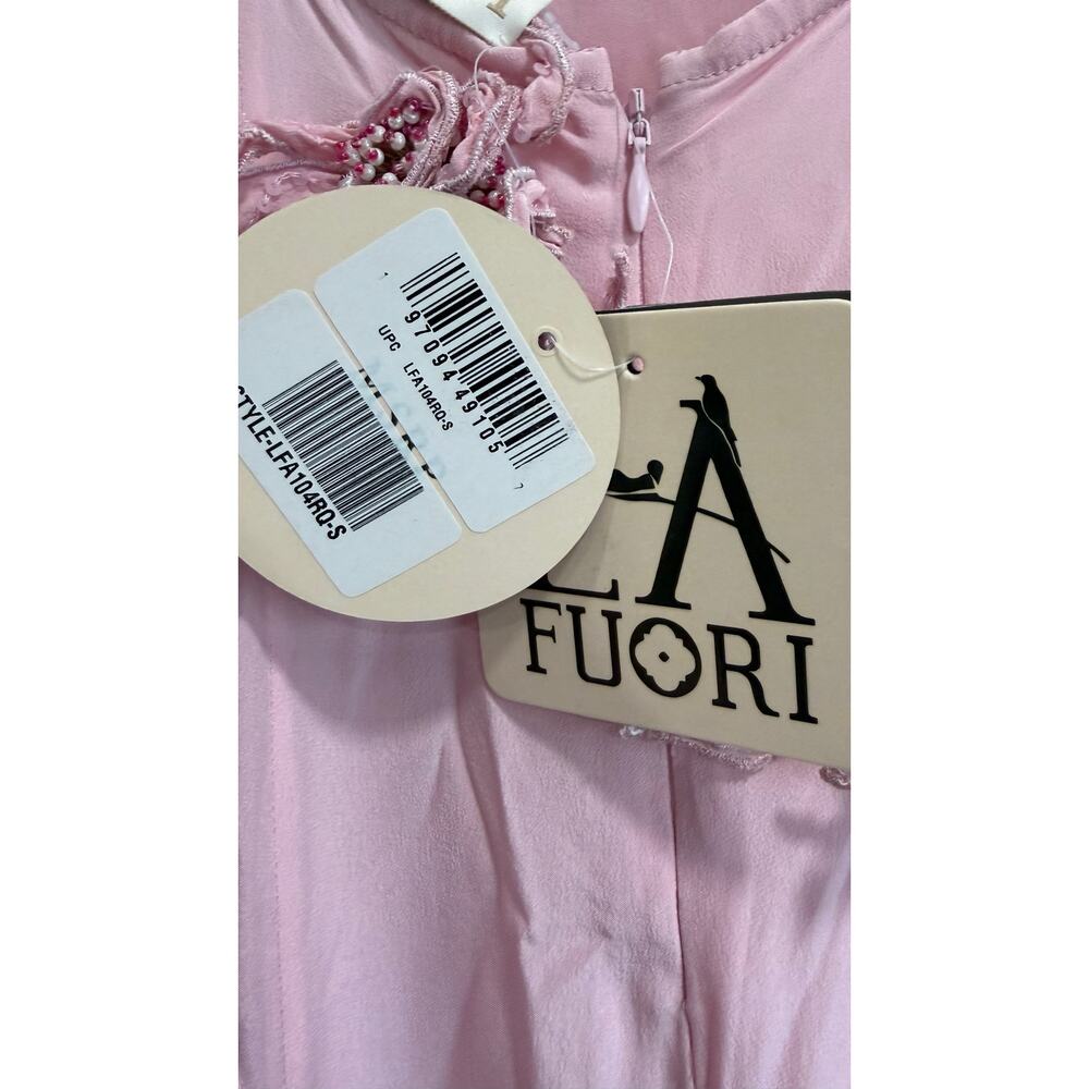 La Fuori 3D Floral Applique Ostrich Feather Pink Silk Backless Dress NWT $780 S - Picture 3 of 8